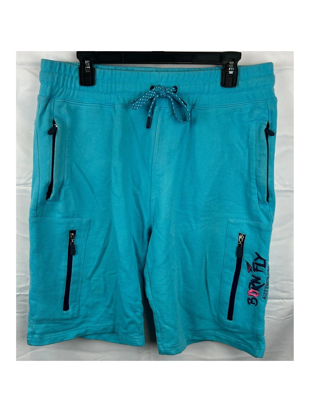 BORN FLY AnyTown USA Men's L Blue Drawstring Sweat Shorts